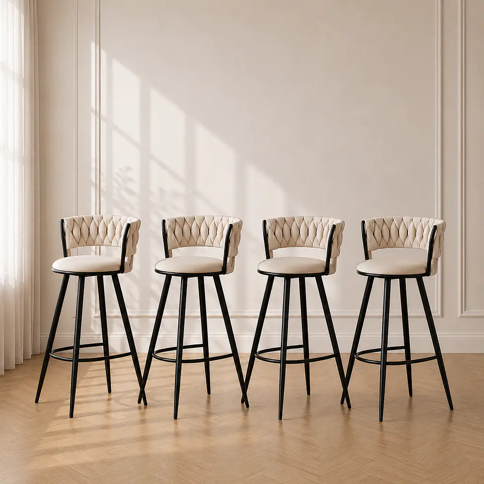 Pack 4 Taburete Bar Queen de Felpa Beige y Metal Black para Bar, Cocina y Cafetería 2