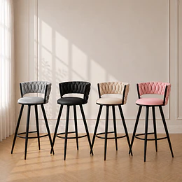 Pack 4 Taburete Bar Queen de Felpa Beige y Metal Black para Bar, Cocina y Cafetería