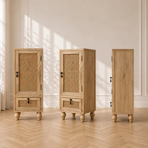 Mueble Auxiliar Alto Madera Haya Ratán Natural Dormitorio Living
