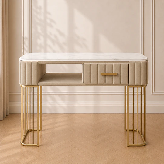 Mesa de Manicurista Beige Mármol Dorada Salón Estética
