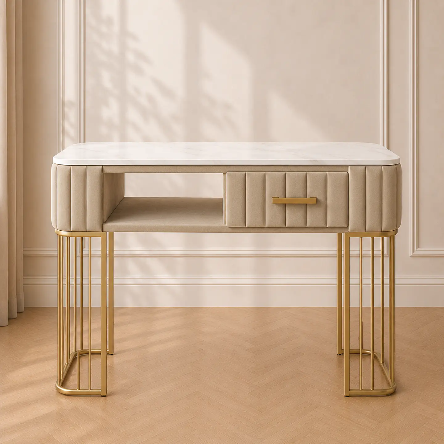 Mesa de Manicurista Beige Mármol Dorada Salón Estética 1