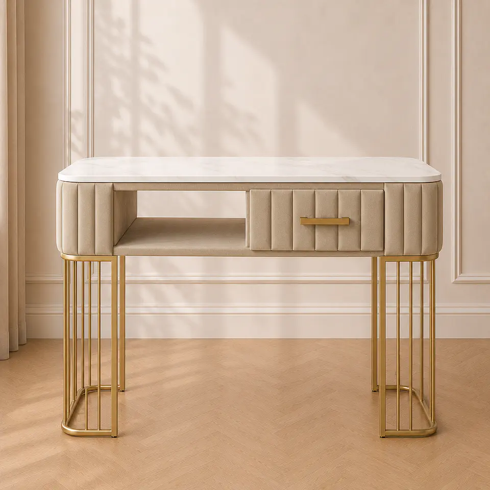 Mesa de Manicurista Beige Mármol Dorada Salón Estética 1