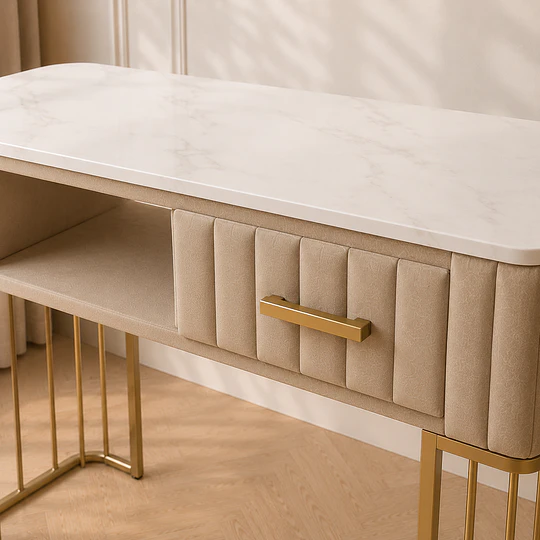 Mesa de Manicurista Beige Mármol Dorada Salón Estética