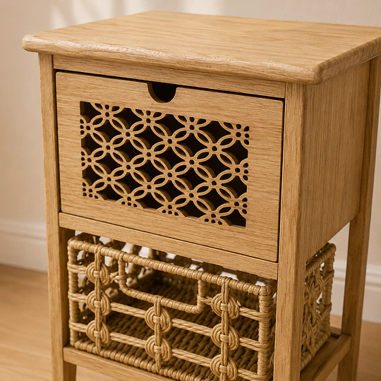 Velador Siena Rattan MDF con cesta para Dormitorio Living 