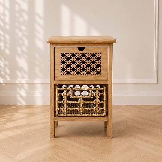Velador Siena Rattan MDF con cesta para Dormitorio Living 