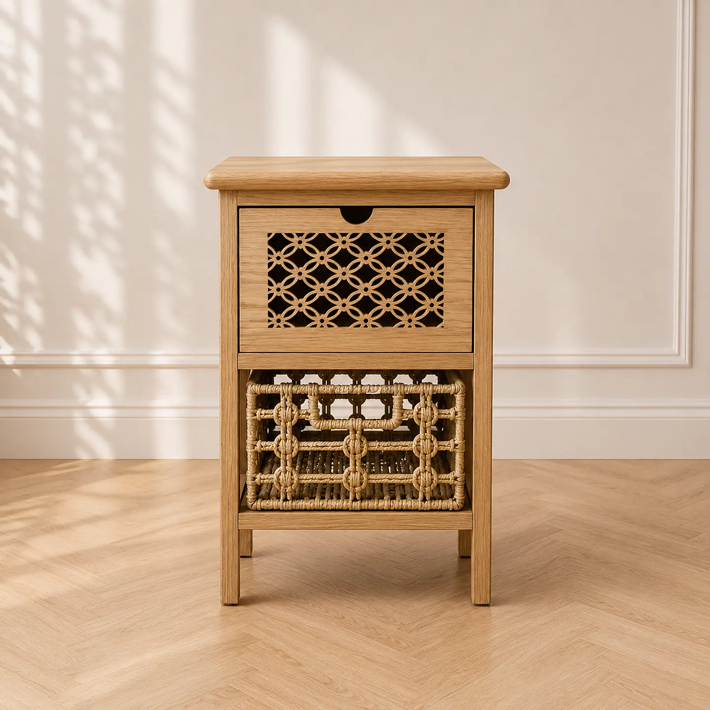 Velador Auxiliar Siena Rattan MDF con cesta para Dormitorio Living  1