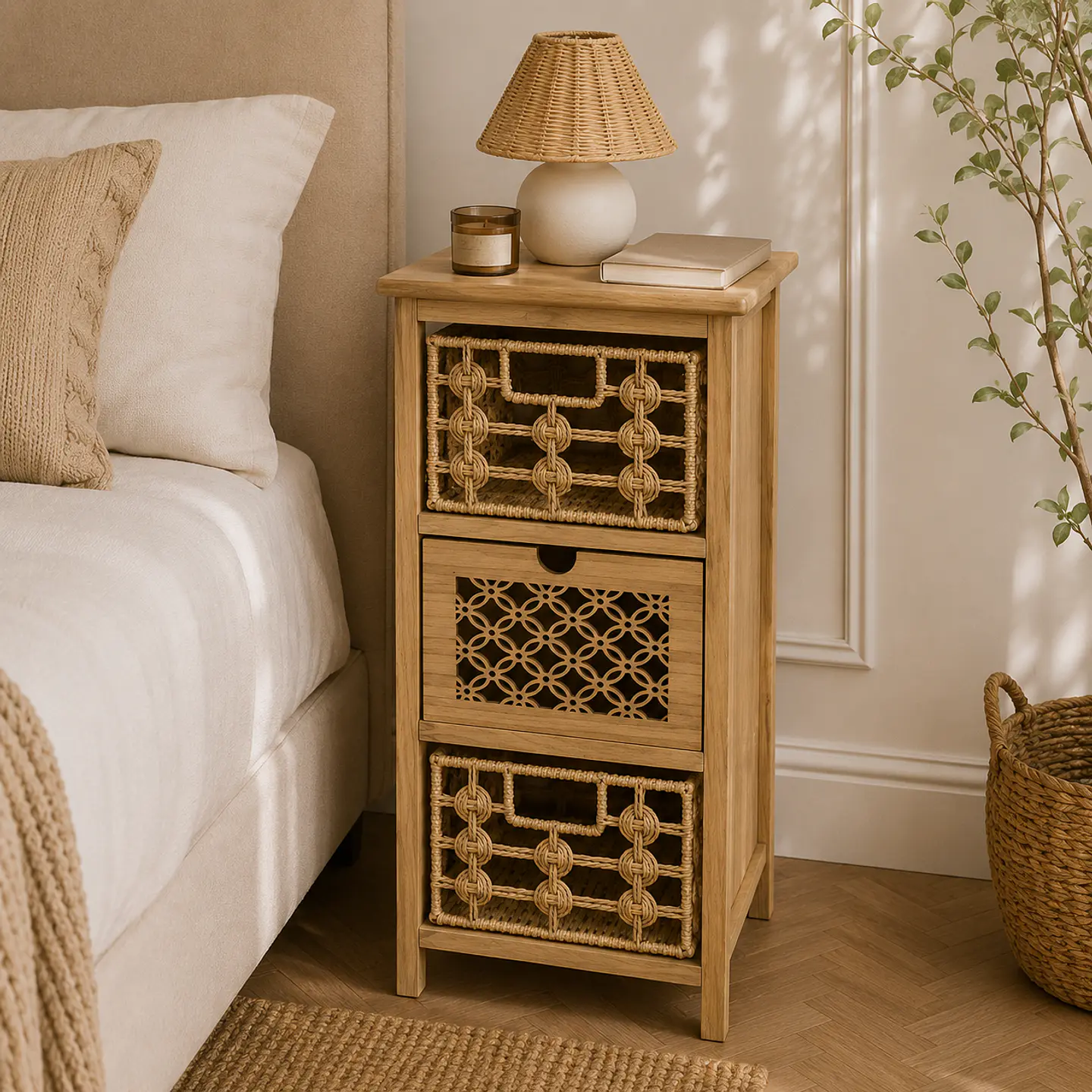 Velador Auxiliar Alto Siena Rattan 3 Niveles MDF Dormitorio Living oficina 2