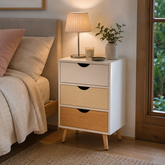 Velador Nórdico tres Cajones MDF Dormitorio Living