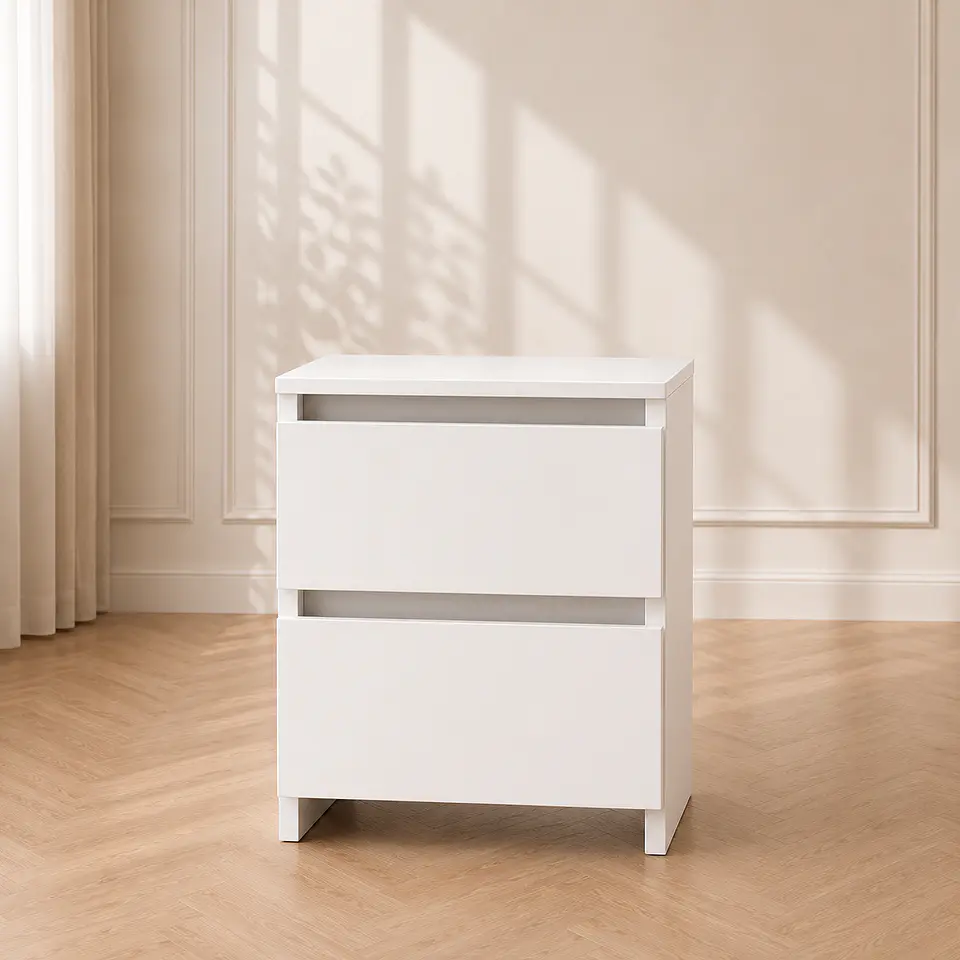 Velador Auxiliar Doble Cajón MDF Blanco Dormitorio Living 1