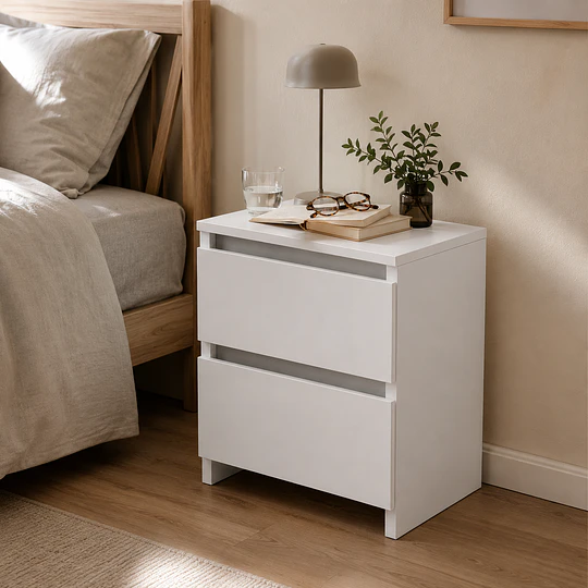 Velador Doble Cajón MDF Blanco Dormitorio Living
