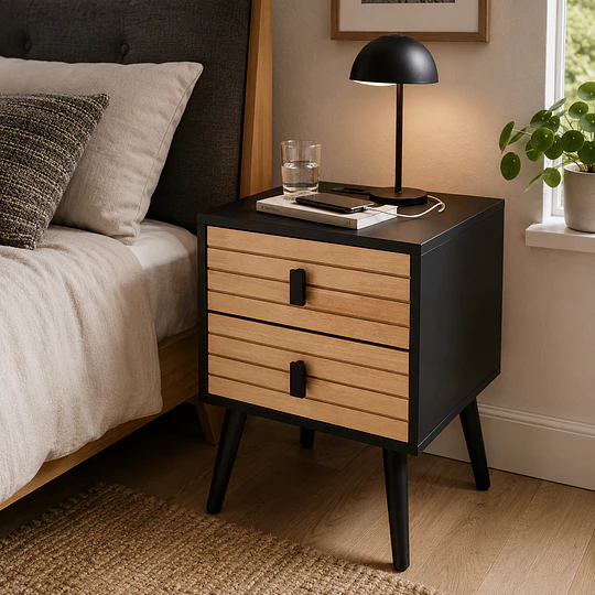 Velador Amber Black dos Cajones MDF Dormitorio Living