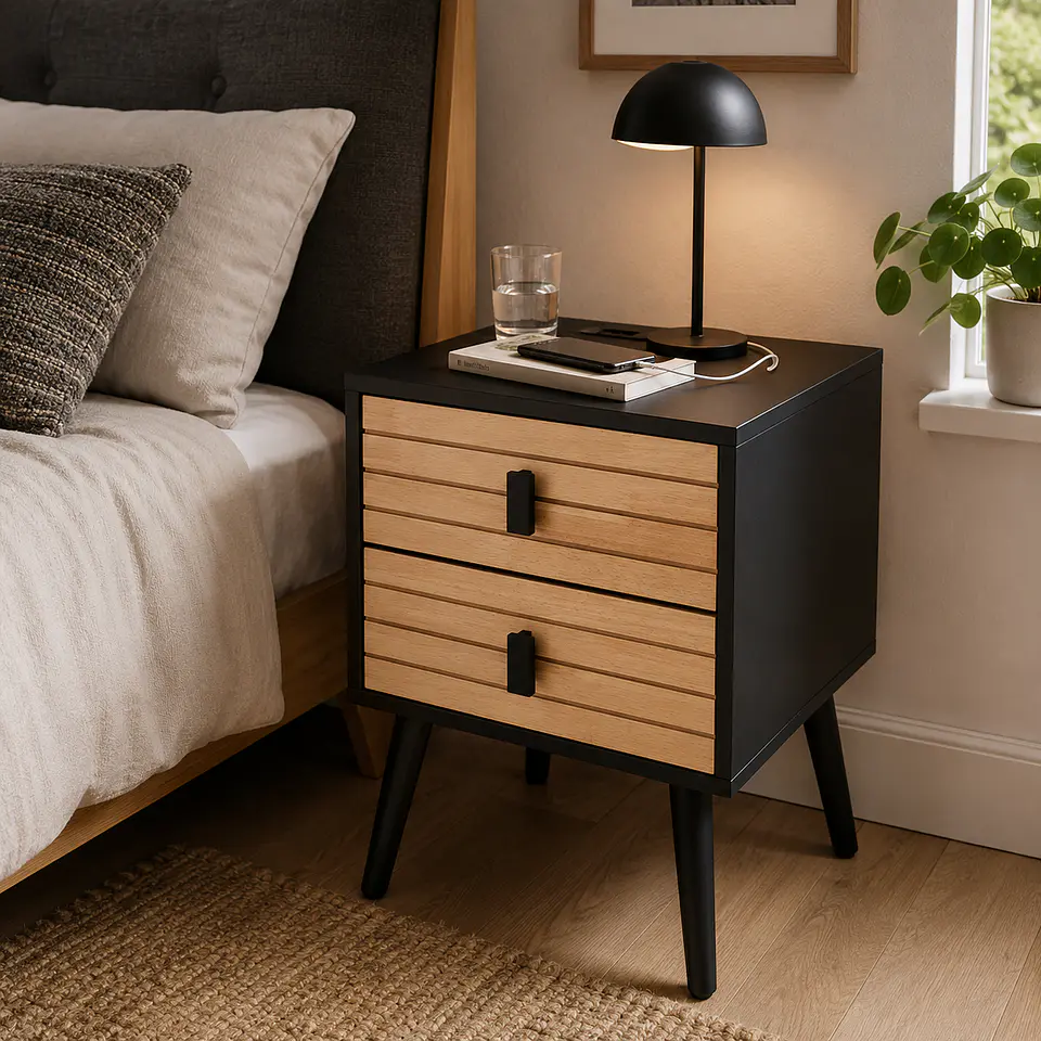 Velador Auxiliar Amber Black dos Cajones MDF Dormitorio Living 2