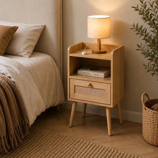 Velador Mesh Rattan MDF un cajon Dormitorio 