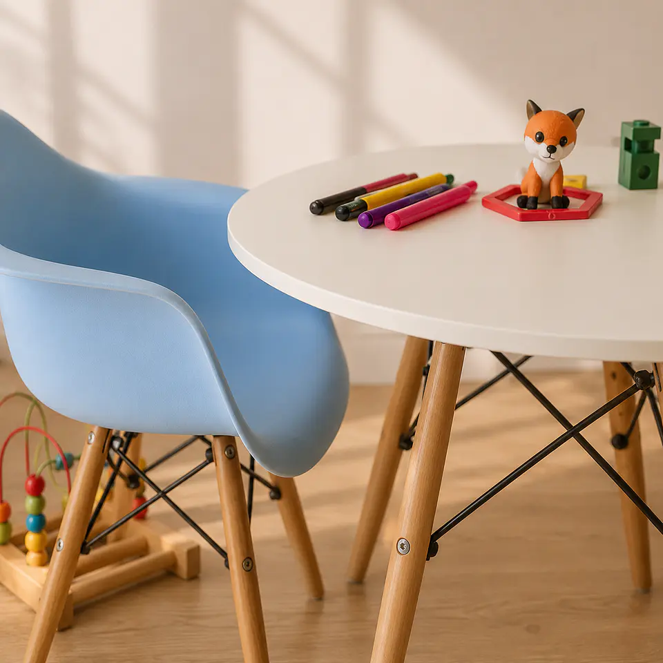 Mesa Kids Eames Blanca + 2 Butacas celestes Kids Jardín Infantil 3