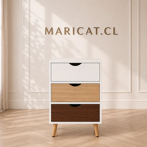 Velador Auxiliar Nórdico tres Cajones MDF- Dormitorio Living lectura