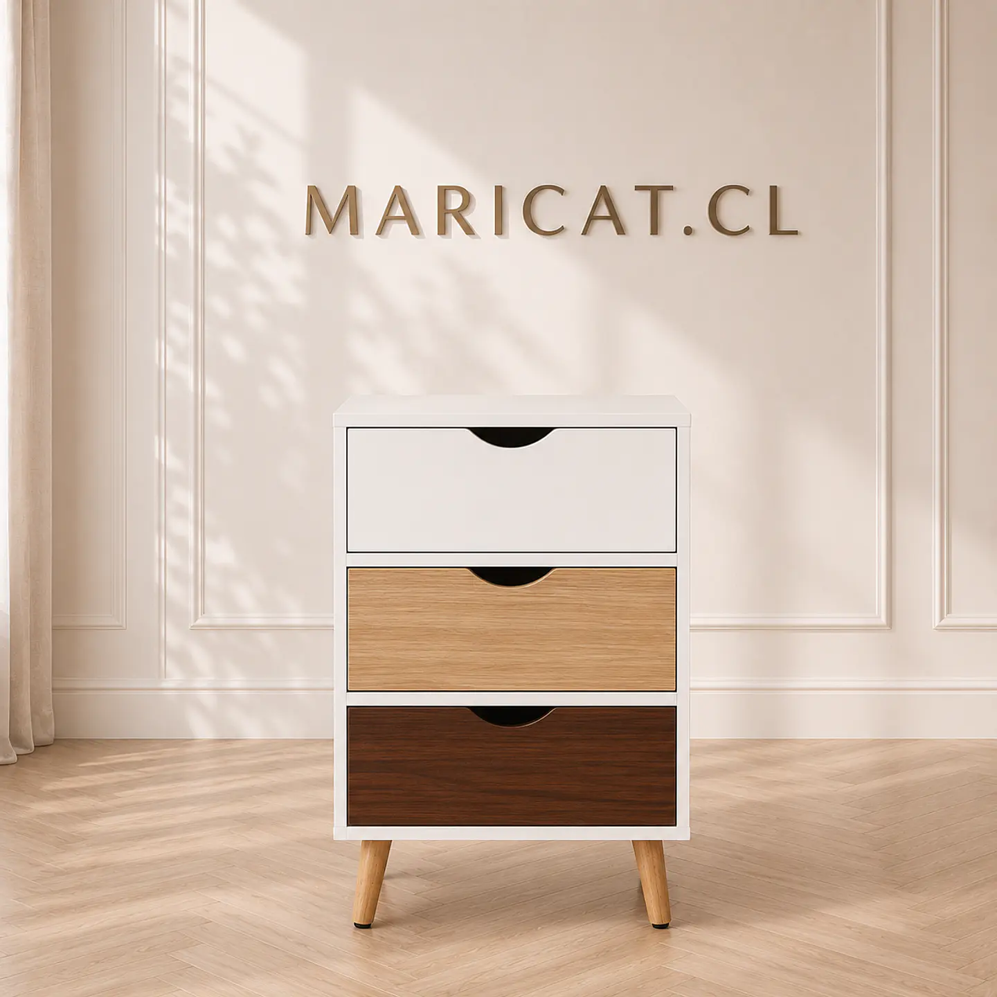 Velador Auxiliar Nórdico tres Cajones MDF- Dormitorio Living lectura 1