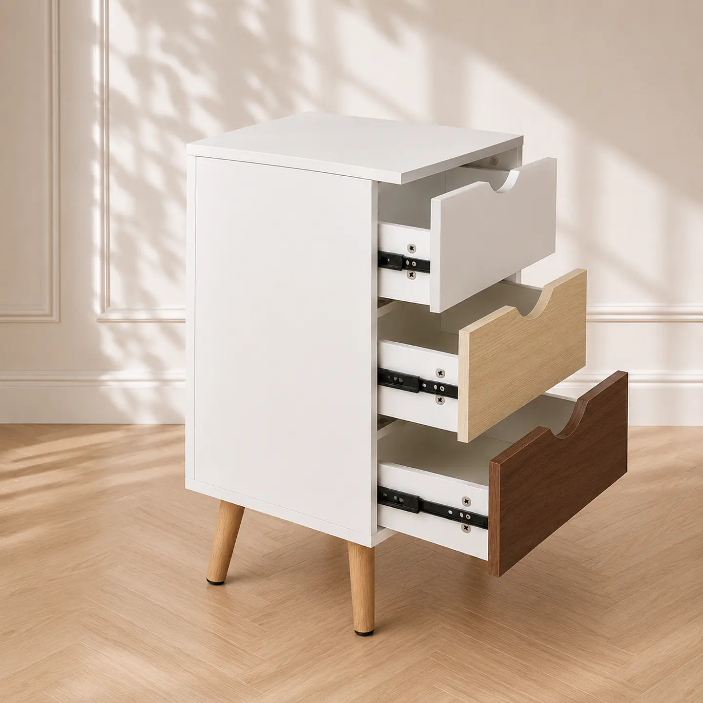 Velador Auxiliar Nórdico tres Cajones MDF- Dormitorio Living lectura 2