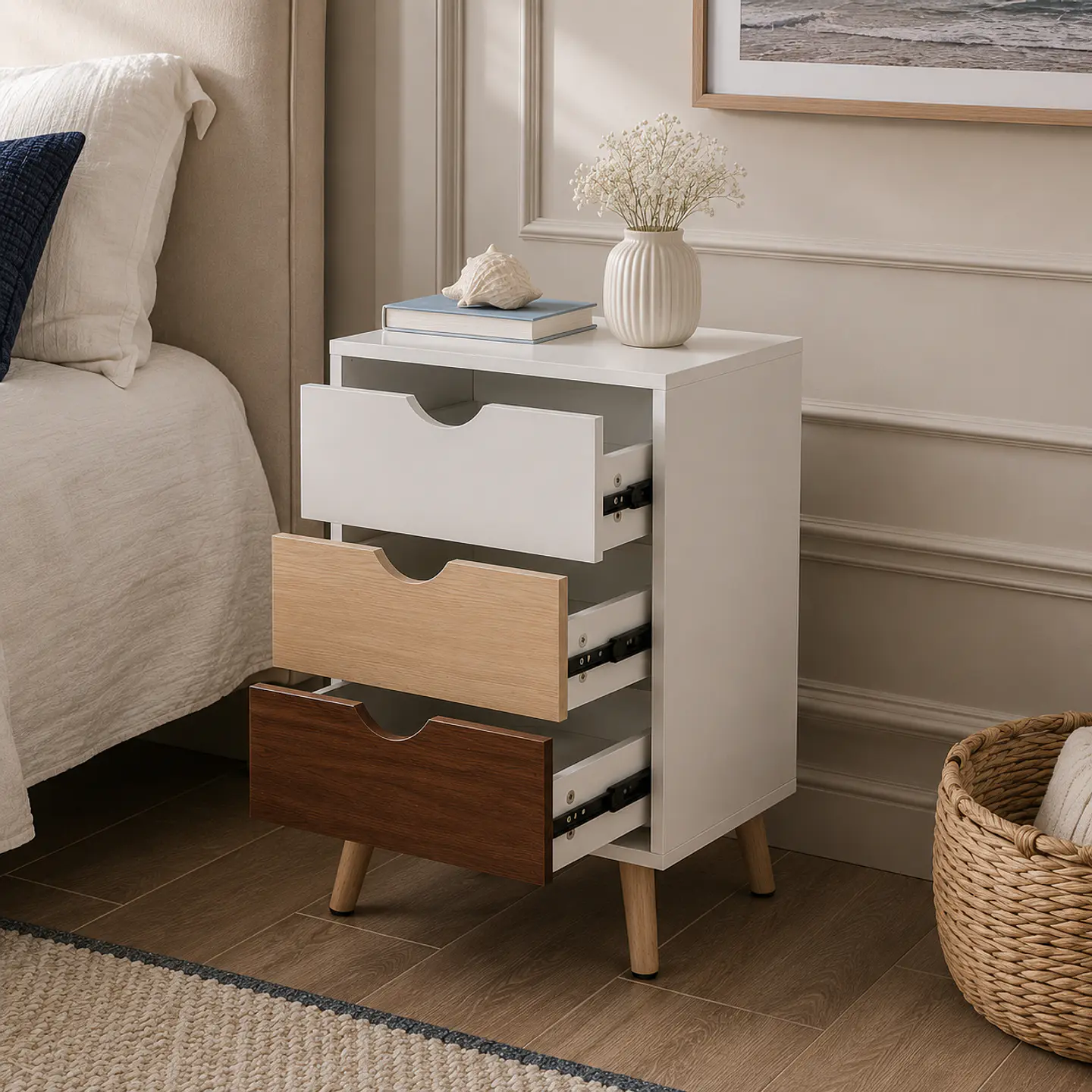 Velador Auxiliar Nórdico tres Cajones MDF- Dormitorio Living lectura 3