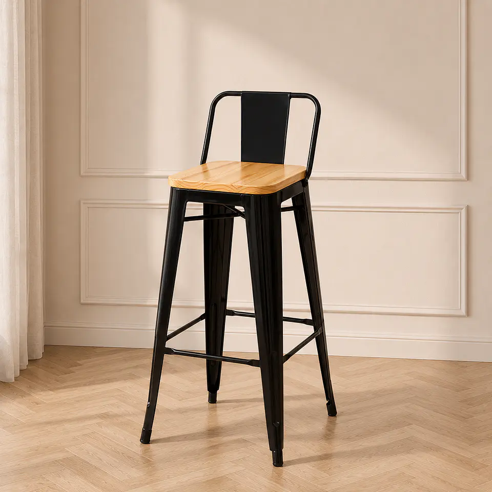 Pack 4 Taburete Bar Tolix metal Negro con Madera clara- cocina restaurant terraza eventos 2