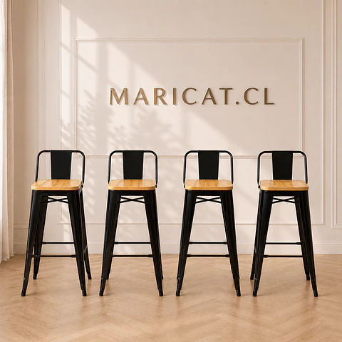 Pack 4 Taburete Bar Tolix metal con Madera Negro- cocina restaurant terraza eventos
