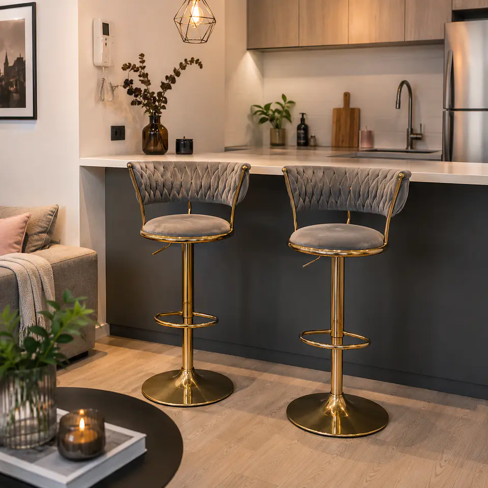 Taburete Bar Queen Regulable Gold Gris- cocina restaurant terraza  2