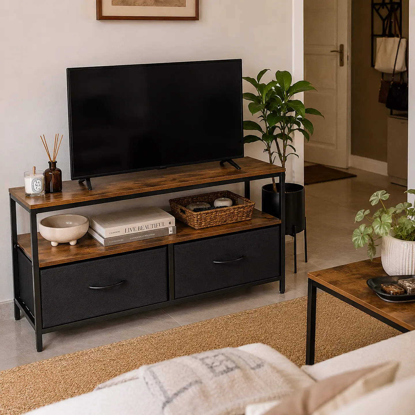 Rack Rustic 2 Cajones MDF Metal 98cm- Tv Living Dormitorio 5
