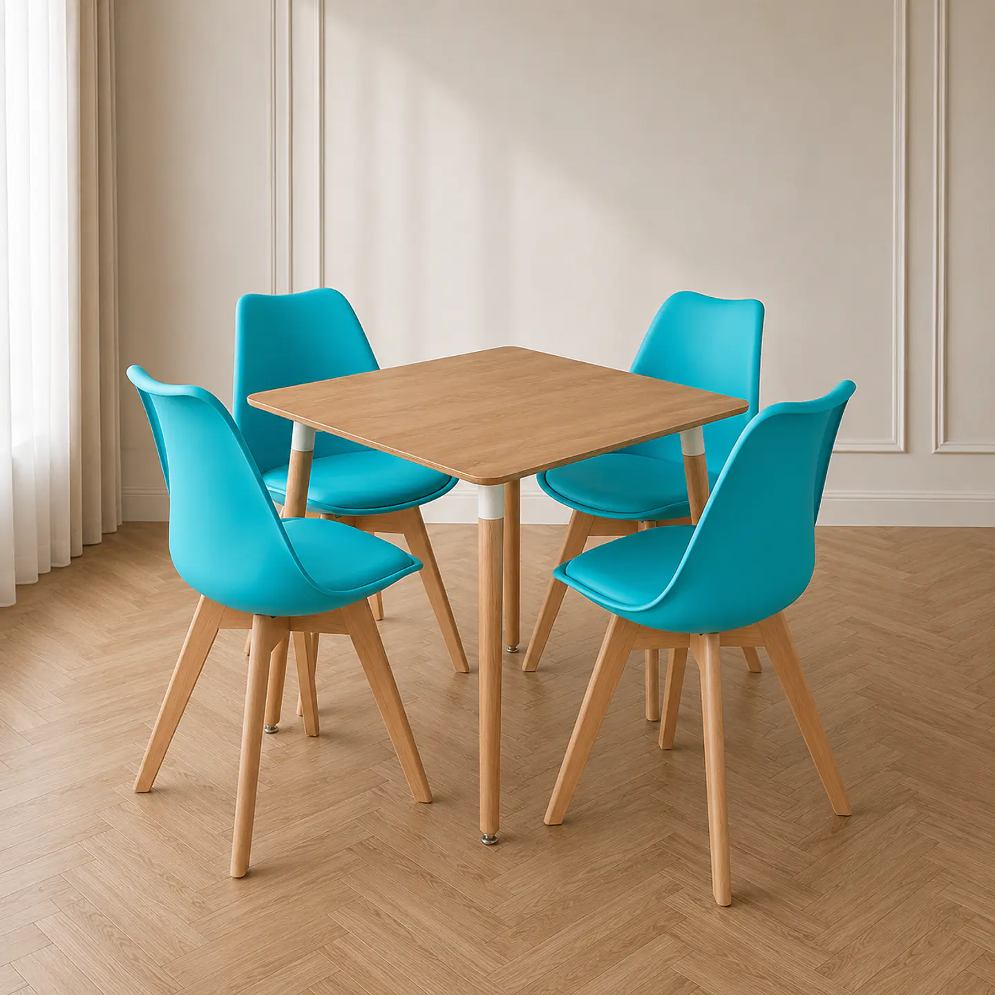 Mesa Eames cuadrada wood + 4 sillas Tulip polipropileno con cojin - comedor  1