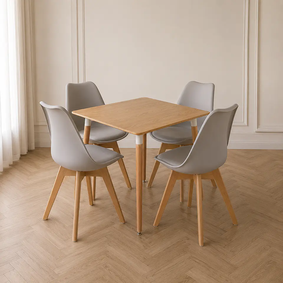 Mesa Eames cuadrada wood + 4 sillas Tulip polipropileno con cojin - comedor  2