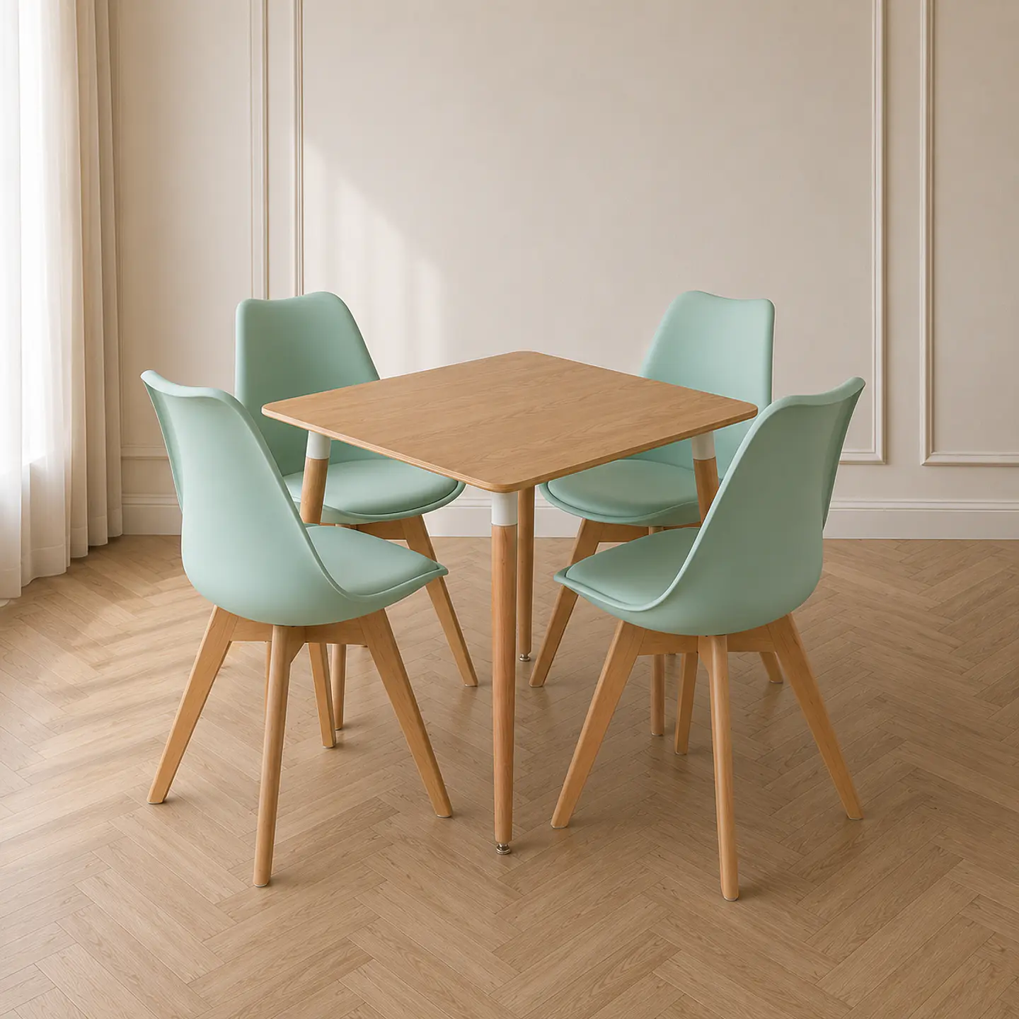 Mesa Eames cuadrada wood + 4 sillas Tulip polipropileno con cojin - comedor  3