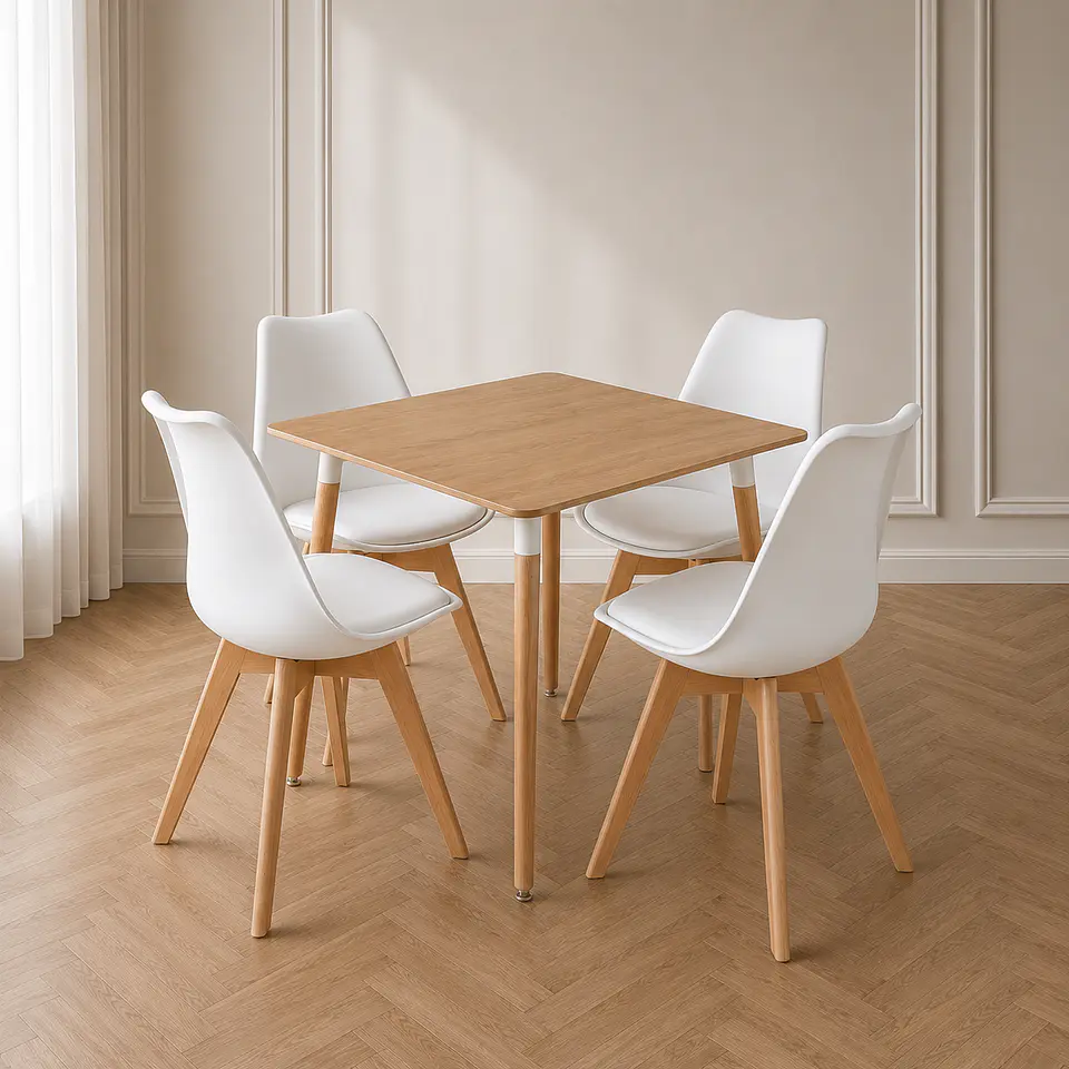 Mesa Eames cuadrada wood + 4 sillas Tulip polipropileno con cojin - comedor  4