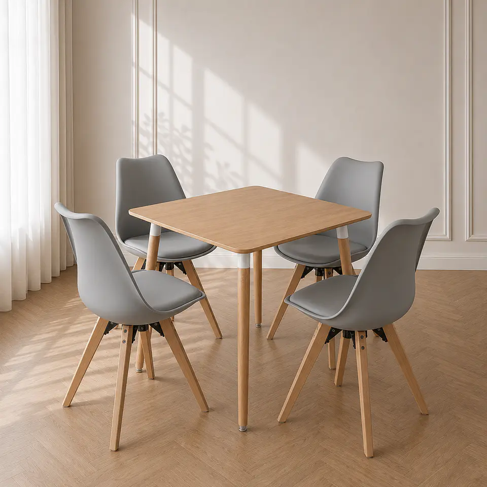 Mesa Cuadrado Eeames Wood +4 Sillas Tulip Nordic con Cojin - Comedor 80cm 1