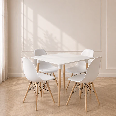 Mesa cuadrada eames MDF + 4 Sillas Eames polipropileno – comedor