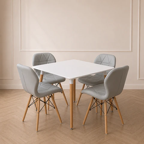 Mesa cuadrada eames + 4 Sillas Mariposa acolchada ecocuero eames – comedor
