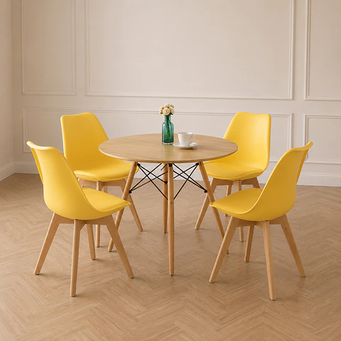 Mesa redonda eames wood MDF + 4 sillas tulip polipropileno con cojin- comedor