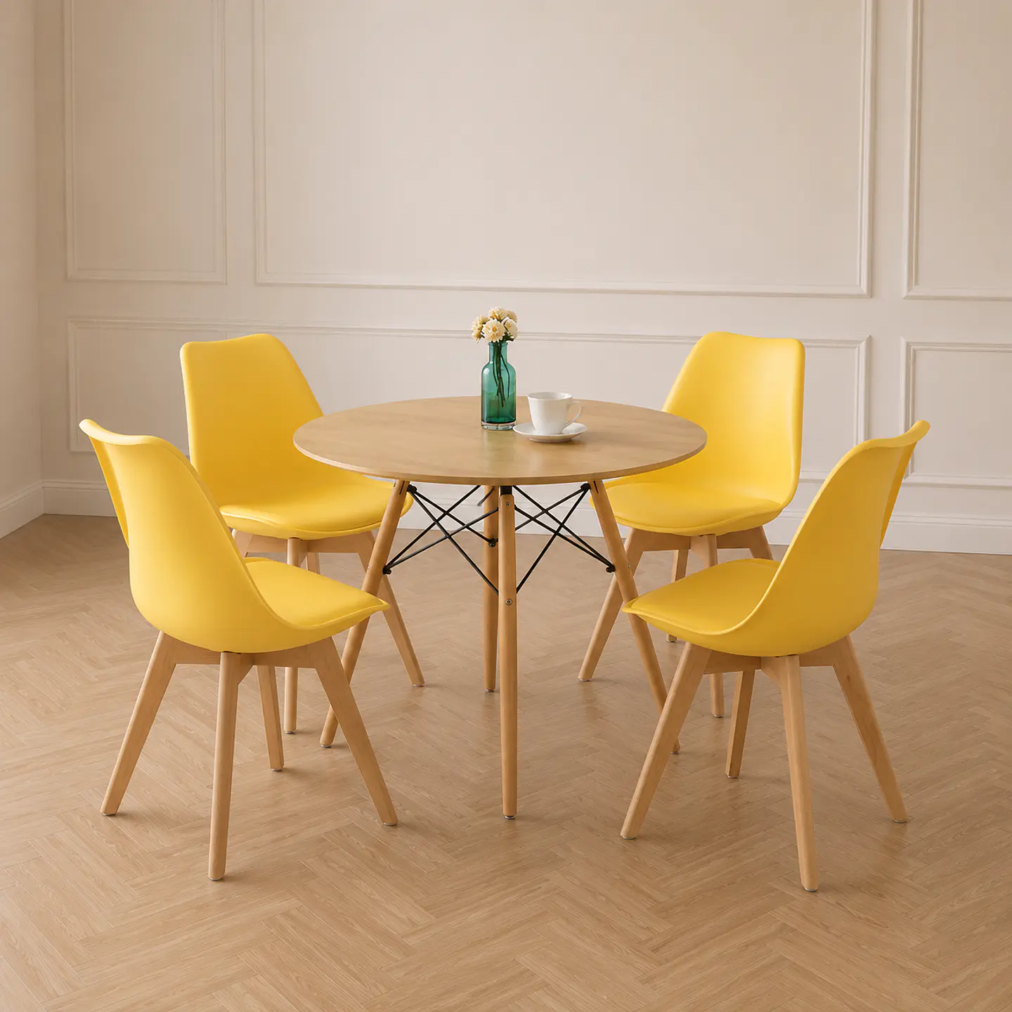 Mesa Redonda Eames Wood MDF +4 Sillas Tulip Polipropileno con Cojin - Comedor 1