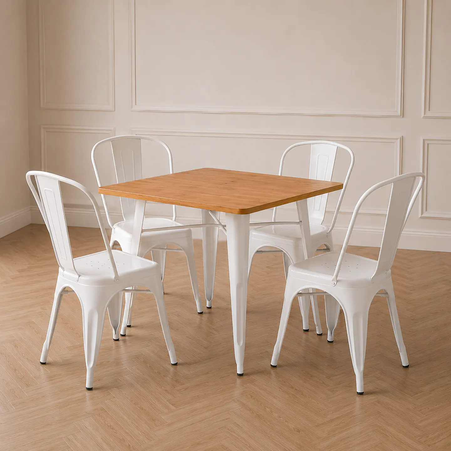 Mesa Cuadrada Tolix Madera Metal  + 4 Silla Tolix de Metal Apilable – comedor Industrial Terraza 1