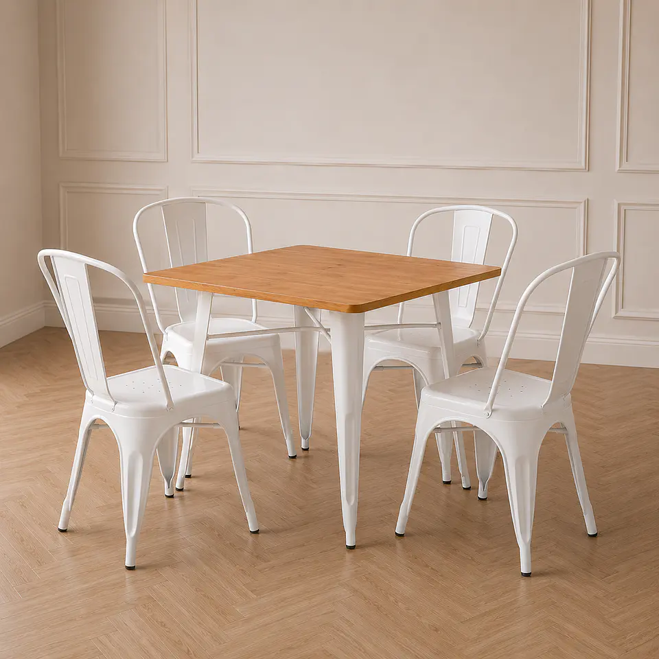Mesa Cuadrada Tolix Madera Metal  + 4 Silla Tolix de Metal Apilable – comedor Industrial Terraza 1