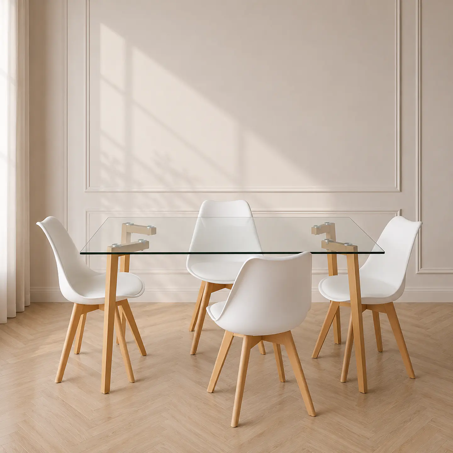 Mesa Rectangular Croacia Vidrio + 4 sillas tulip polipropileno con cojin- comedor 1