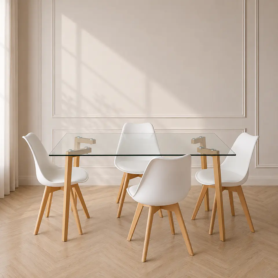 Mesa Rectangular Croacia Vidrio + 4 sillas tulip polipropileno con cojin- comedor 1