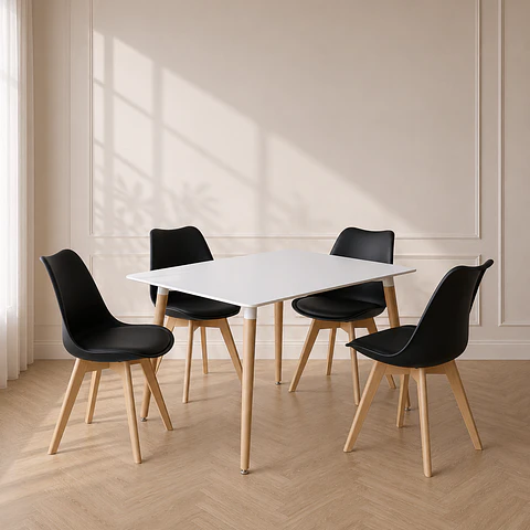 Mesa Rectangular Eames MDF + 4 Sillas Tulip Polipropileno con cojin- comedor