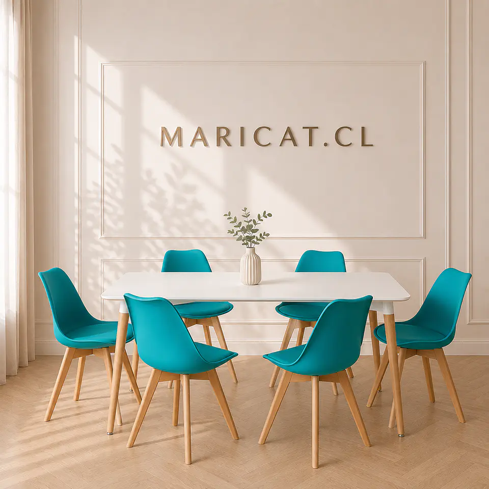 Mesa Rectangular Eames MDF + 6 Sillas Tulip polipropileno con cojin- comedor 1