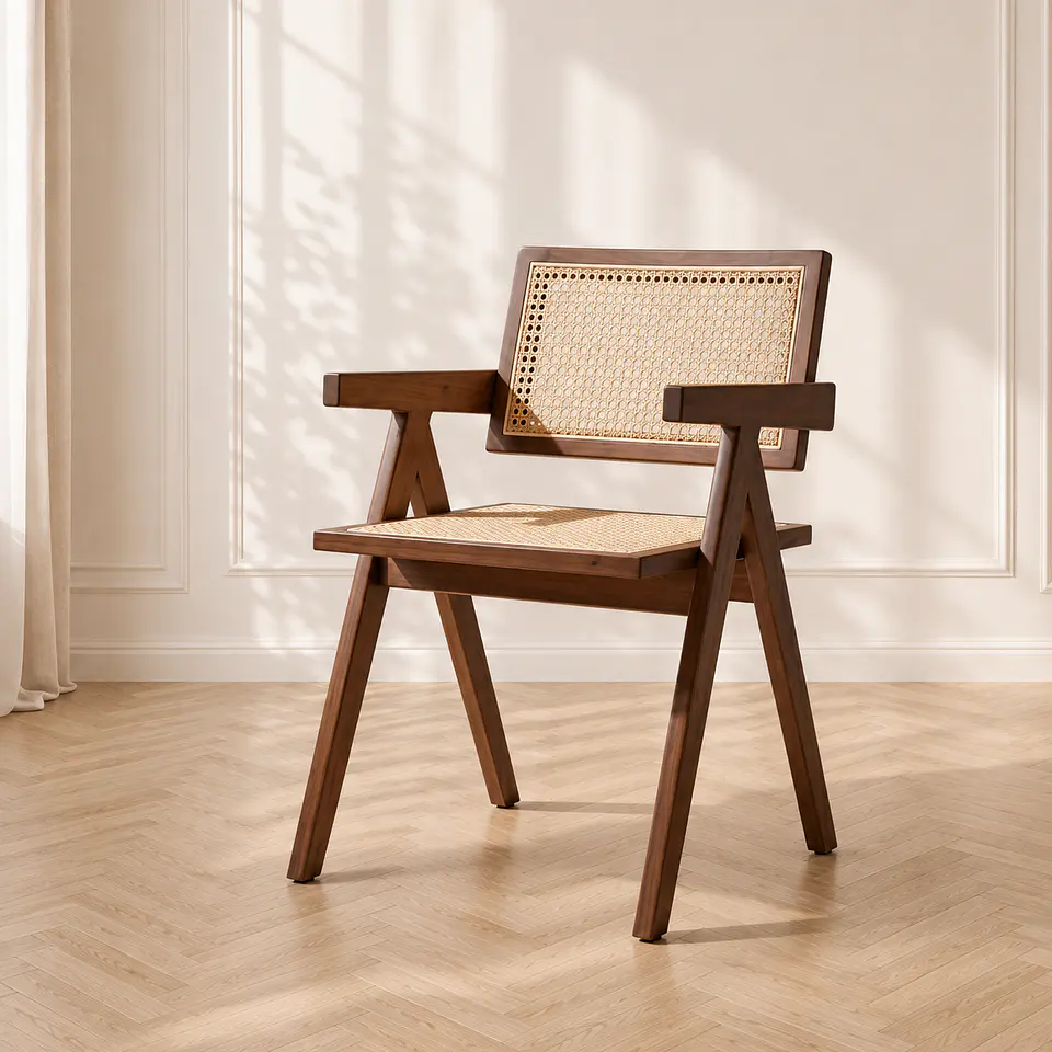 Silla sitial Chandigarh madera y rattan Walnut con apoyabrazos-Comedor recepcion lectura 1