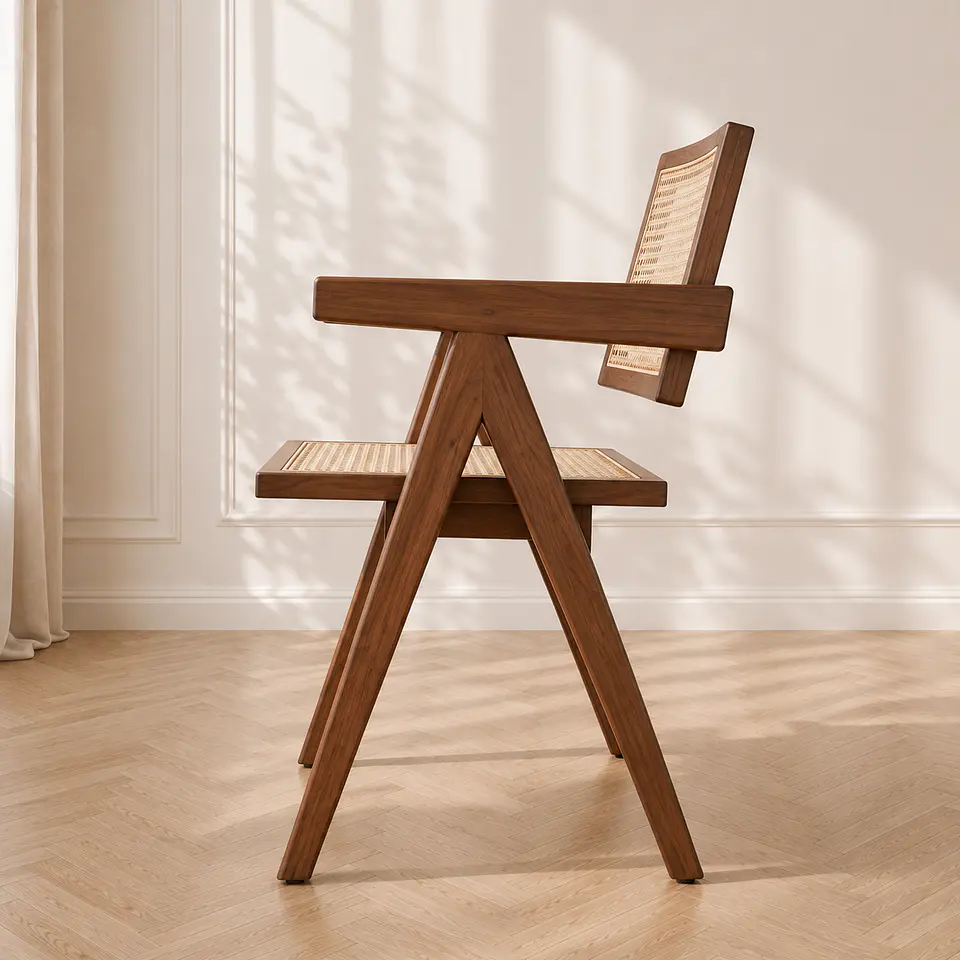 Silla sitial Chandigarh madera y rattan Walnut con apoyabrazos-Comedor recepcion lectura 3