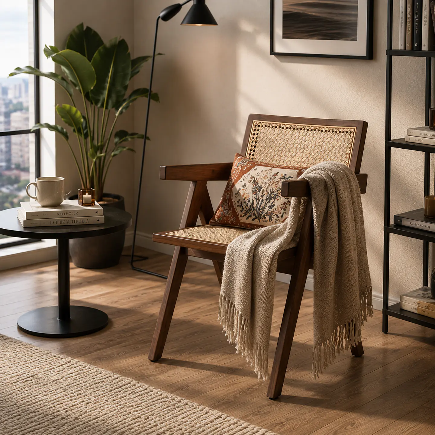 Silla sitial Chandigarh madera y rattan Walnut con apoyabrazos-Comedor recepcion lectura 2