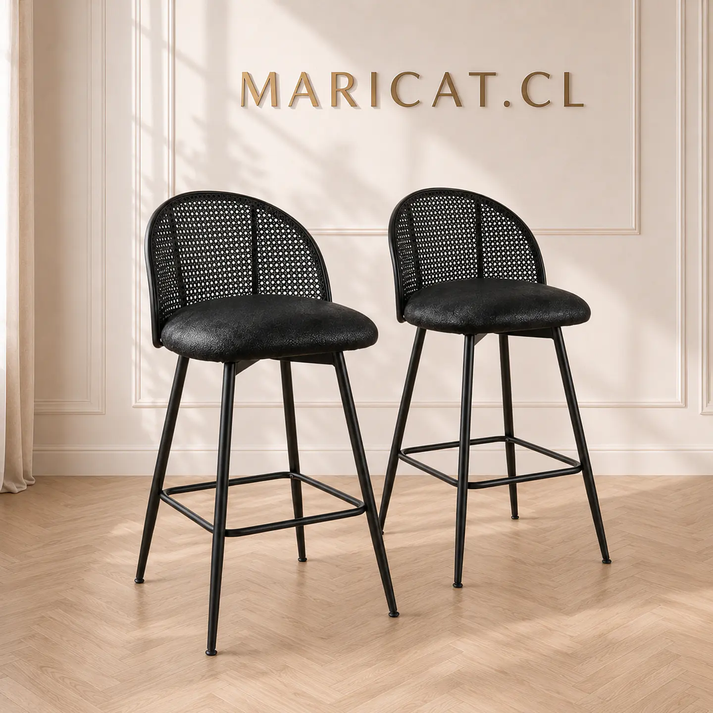 Set 2 Taburete Bar Regulable Industrial Eco Cuero Negro-cocina  1
