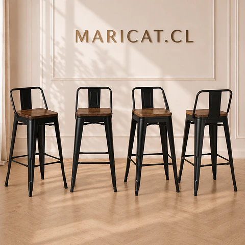 Pack 4 Taburete Bar Tolix metal Negro con Madera Oscura - cocina restaurant terraza eventos