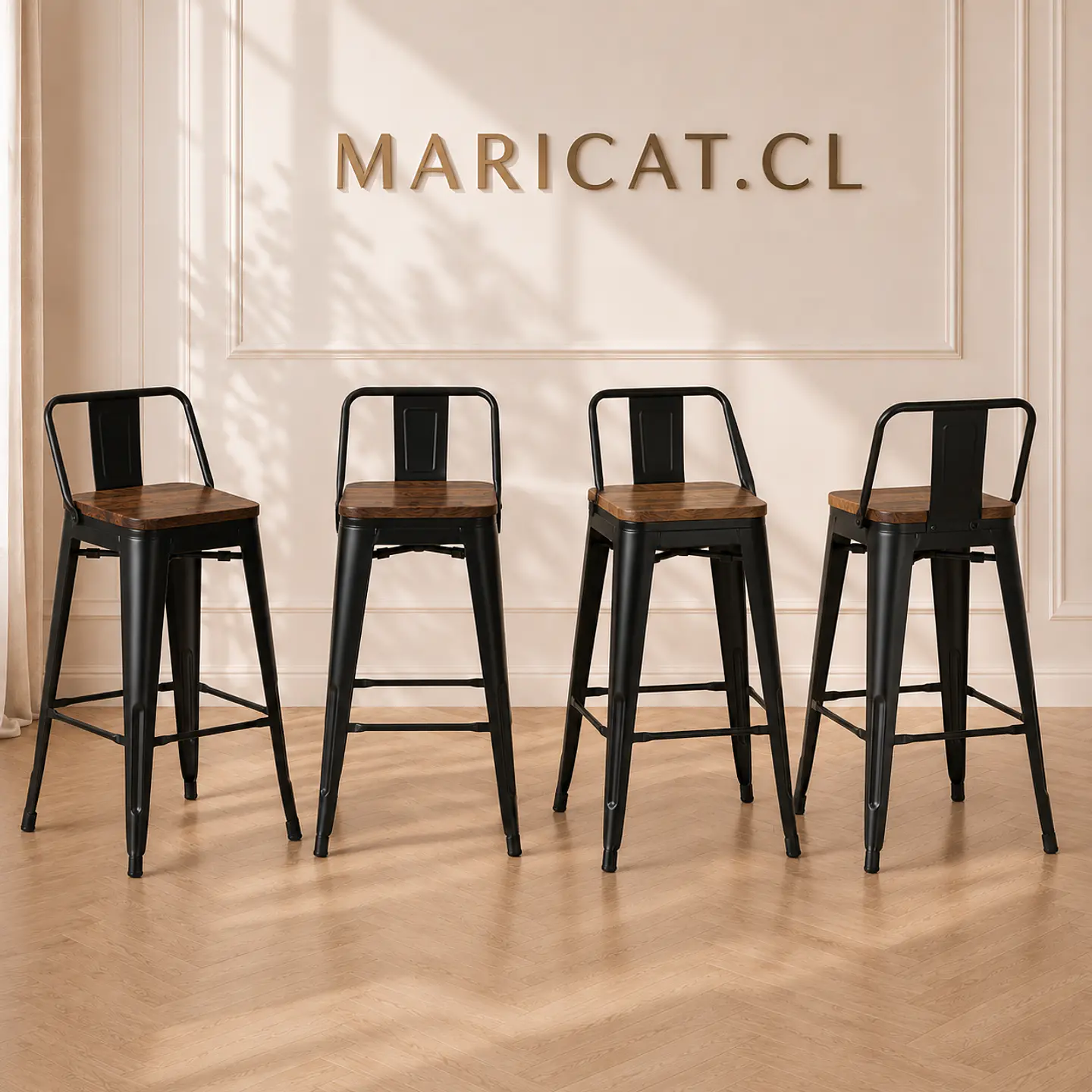 Pack 4 Taburete Bar Tolix metal Negro con Madera Oscura - cocina restaurant terraza eventos 1