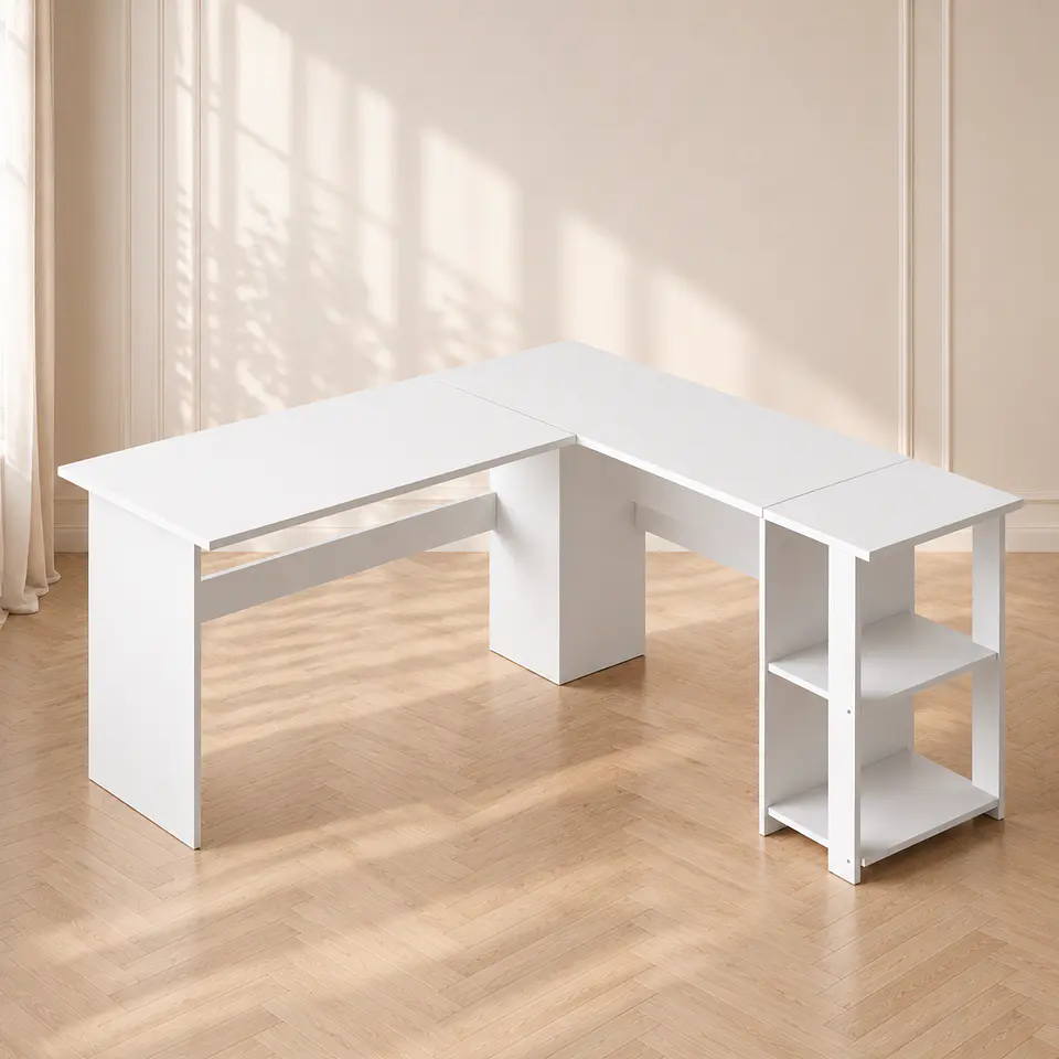 Escritorio Lumar en L Blanco MDF con Repisas Home Office Oficina 1