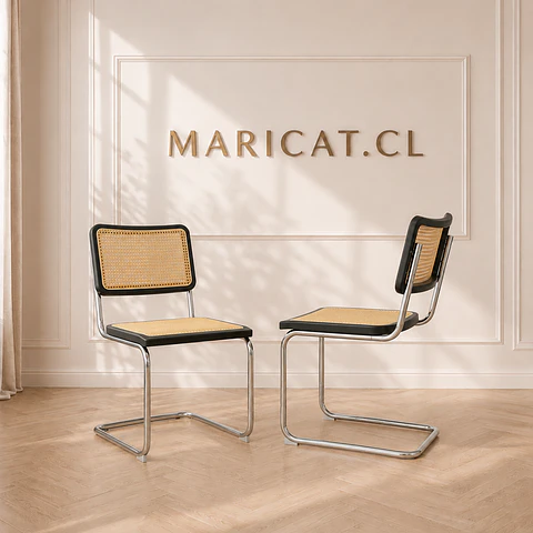 Pack de 2 Sillas Breuer de Madera Negro y Ratán con Patas de Acero Plateado-living comedor 