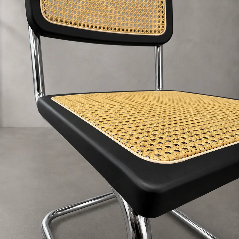 Pack de 2 Sillas Breuer de Madera Negro y Ratán con Patas de Acero Plateado-living comedor  5